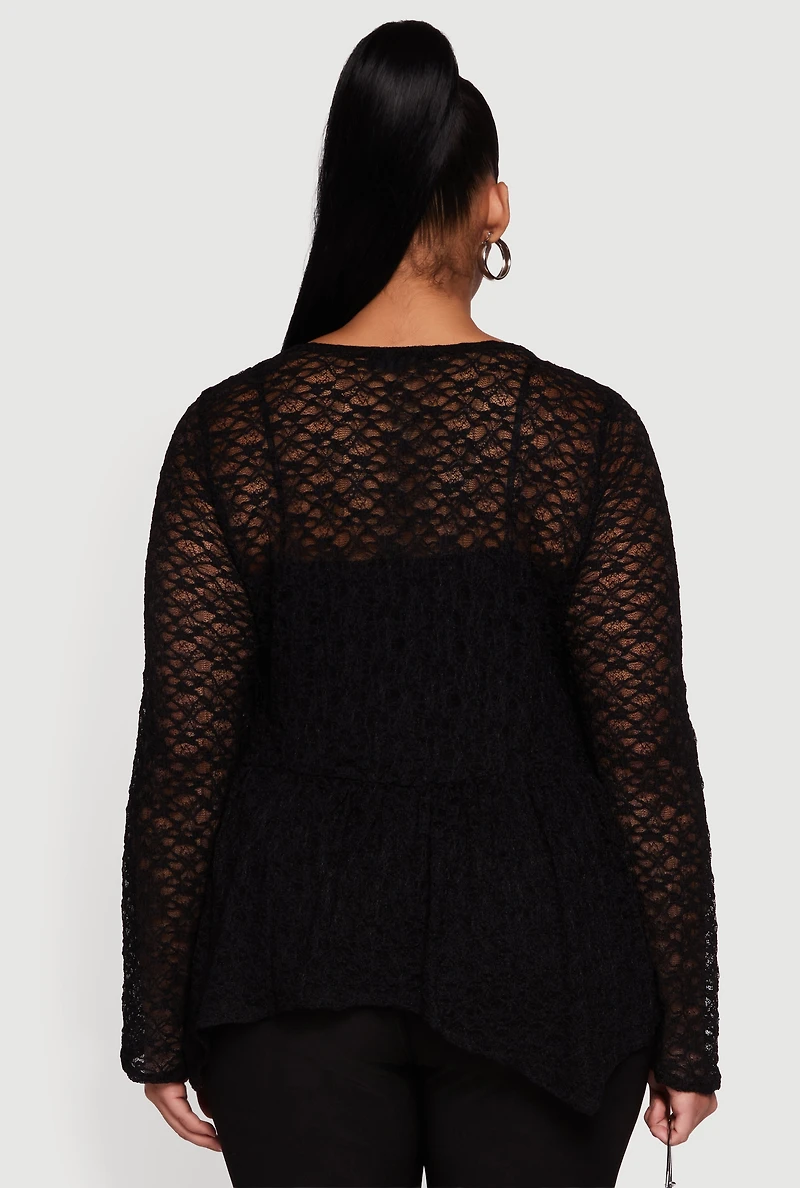 Womens Plus Size Asymmetrical Hem Rouched Front Lace Blouse, Black, Size 2X