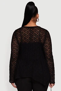 Womens Plus Size Asymmetrical Hem Rouched Front Lace Blouse, Black, Size 2X