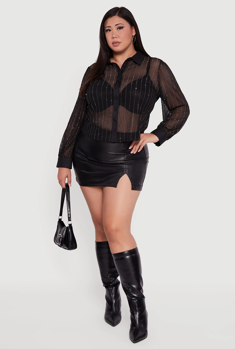 Womens Plus Size Rhinestone Shadow Stripe Button Front Mesh Blouse, Black, Size 2X