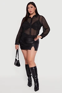Plus Rhinestone Shadow Stripe Button Front Mesh Blouse