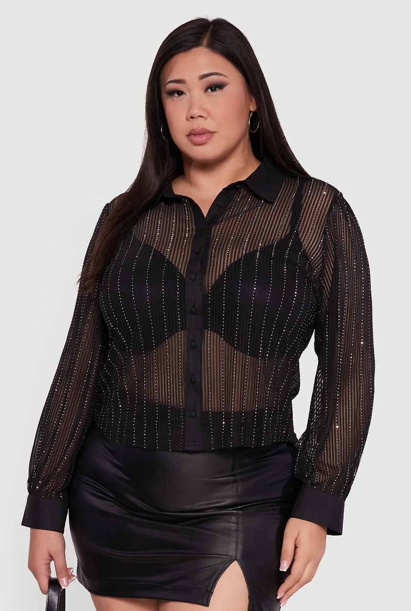 Womens Plus Size Rhinestone Shadow Stripe Button Front Mesh Blouse, Black, Size 2X