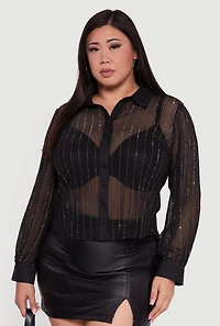 Womens Plus Size Rhinestone Shadow Stripe Button Front Mesh Blouse, Black, Size 2X