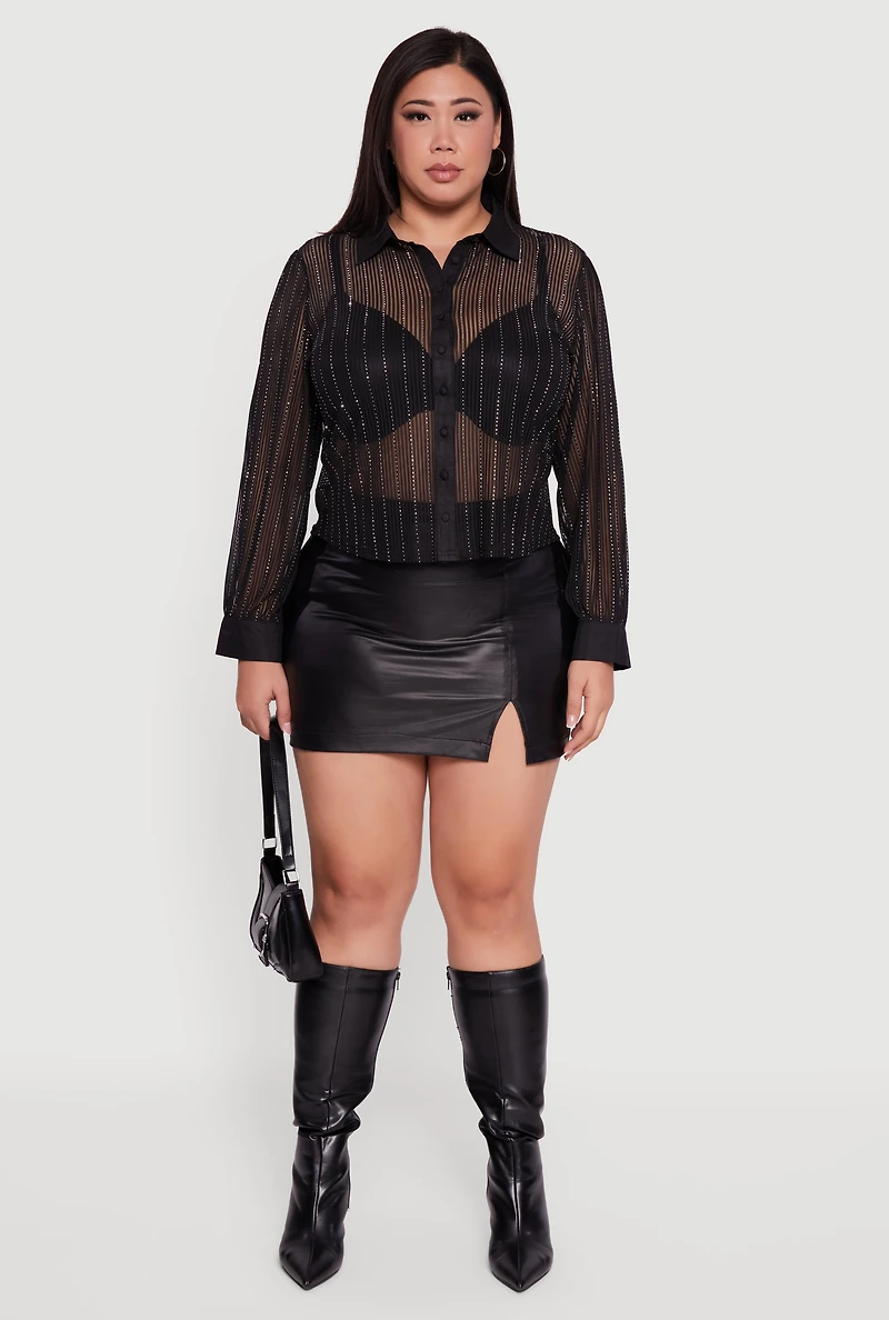 Womens Plus Size Rhinestone Shadow Stripe Button Front Mesh Blouse, Black, Size 2X