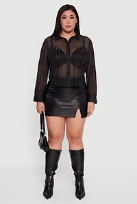 Plus Rhinestone Shadow Stripe Button Front Mesh Blouse