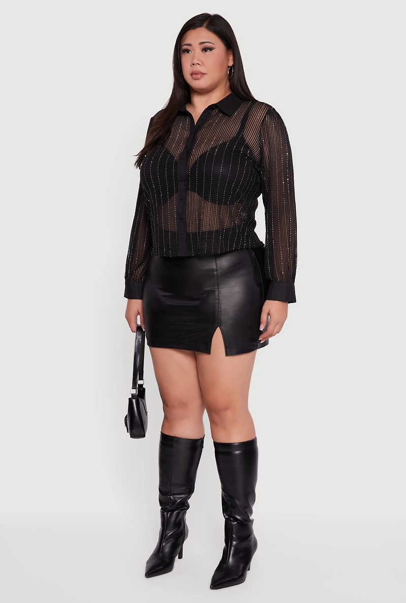 Womens Plus Size Rhinestone Shadow Stripe Button Front Mesh Blouse, Black, Size 2X