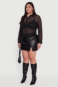 Plus Rhinestone Shadow Stripe Button Front Mesh Blouse