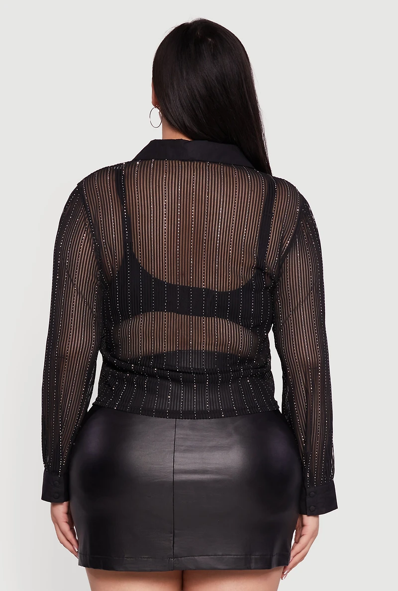 Womens Plus Size Rhinestone Shadow Stripe Button Front Mesh Blouse, Black, Size 2X