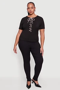 Plus Rhinestone Lace Up Front Ribbed Knit Top