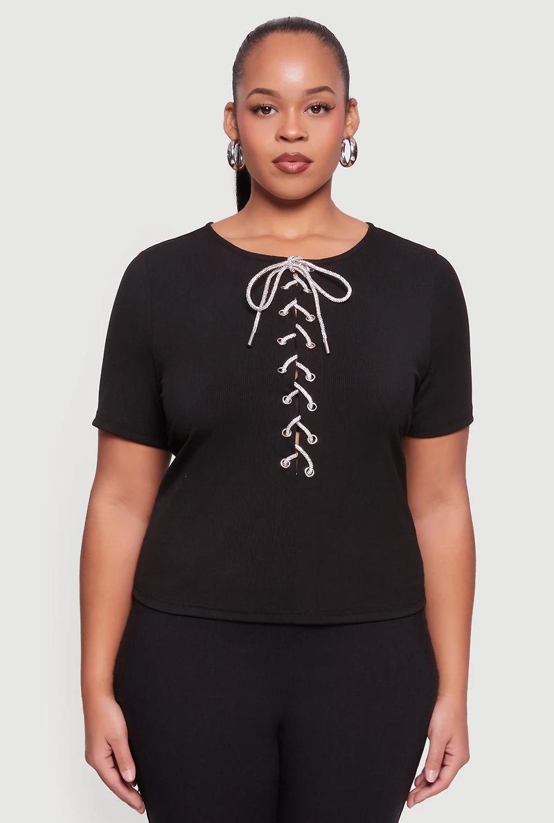 Plus Rhinestone Lace Up Front Ribbed Knit Top