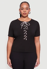 Plus Rhinestone Lace Up Front Ribbed Knit Top