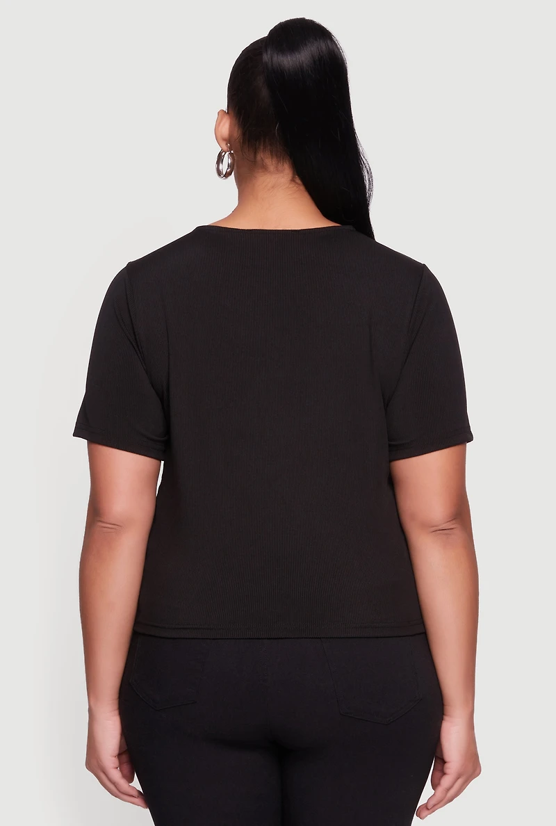 Plus Rhinestone Lace Up Front Ribbed Knit Top