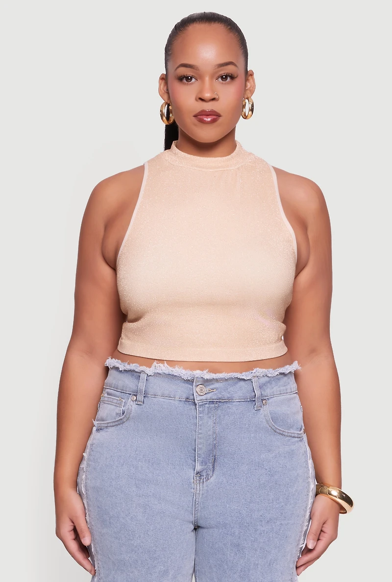 Plus Sleeveless Lurex Mock Neck Tank Top