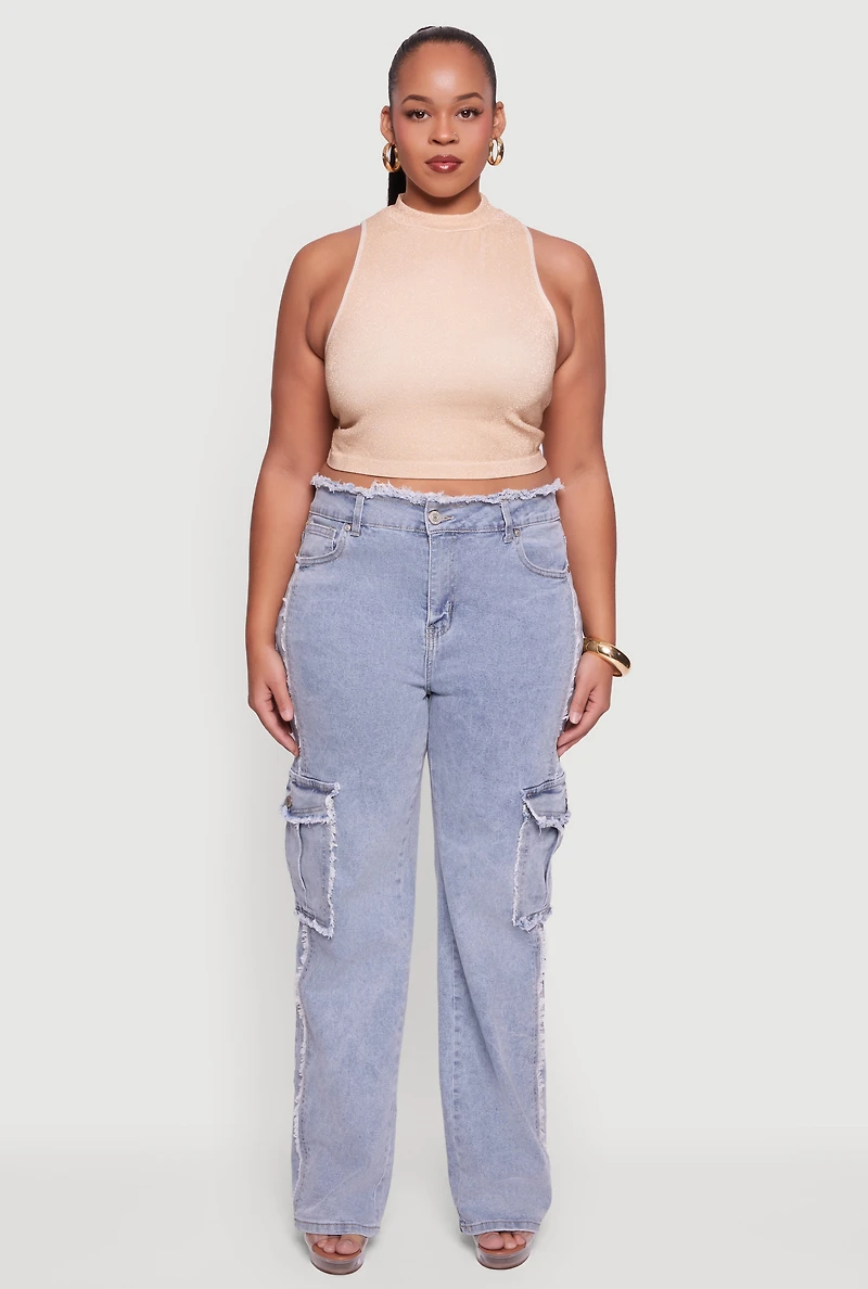 Womens Plus Sleeveless Lurex Mock Neck Tank Top, 2X-3X