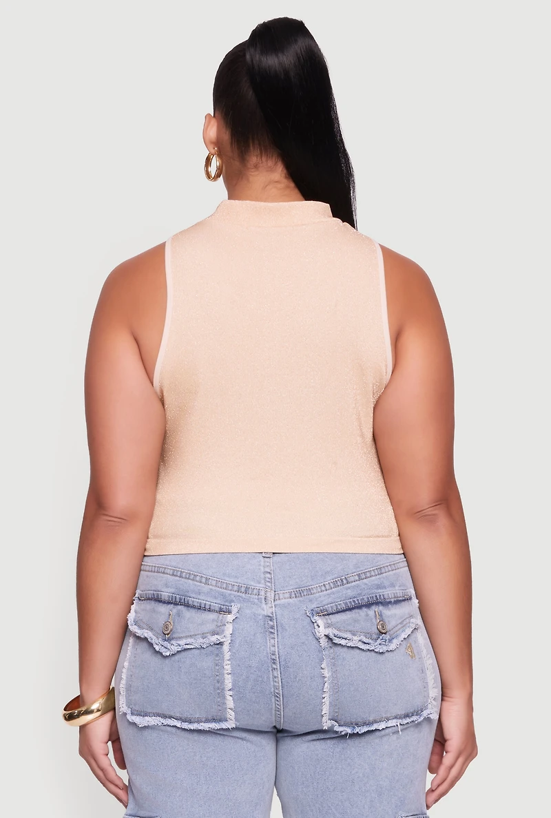 Womens Plus Sleeveless Lurex Mock Neck Tank Top, 2X-3X