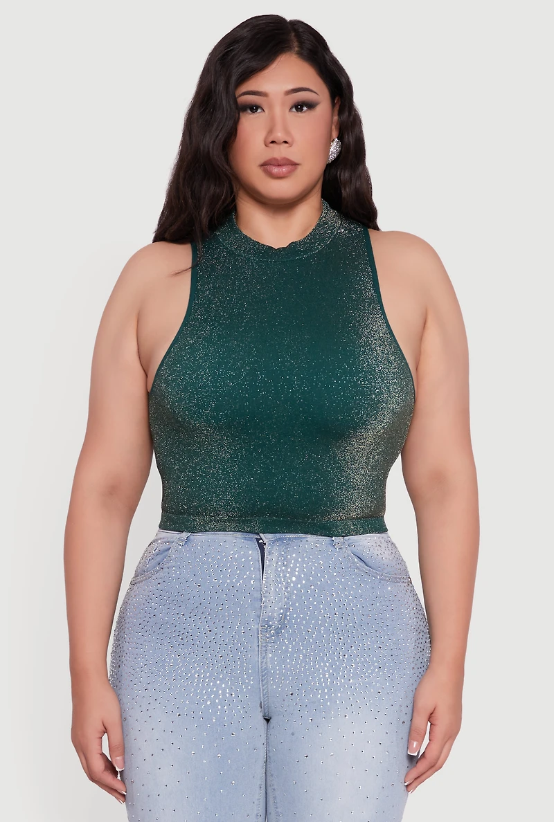 Plus Sleeveless Lurex Mock Neck Tank Top