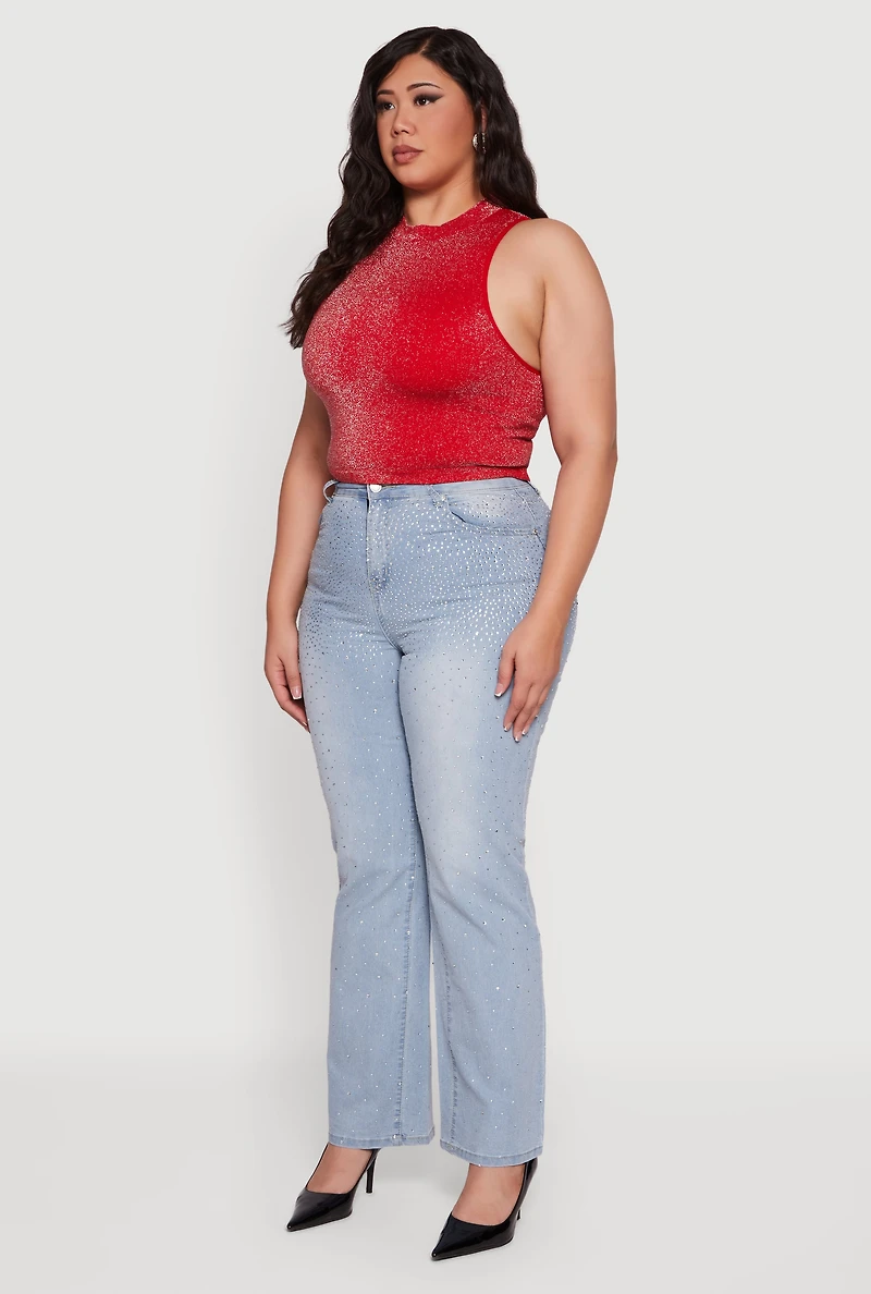 Womens Plus Size Sleeveless Lurex Mock Neck Tank Top, Red, Size 1X-2X