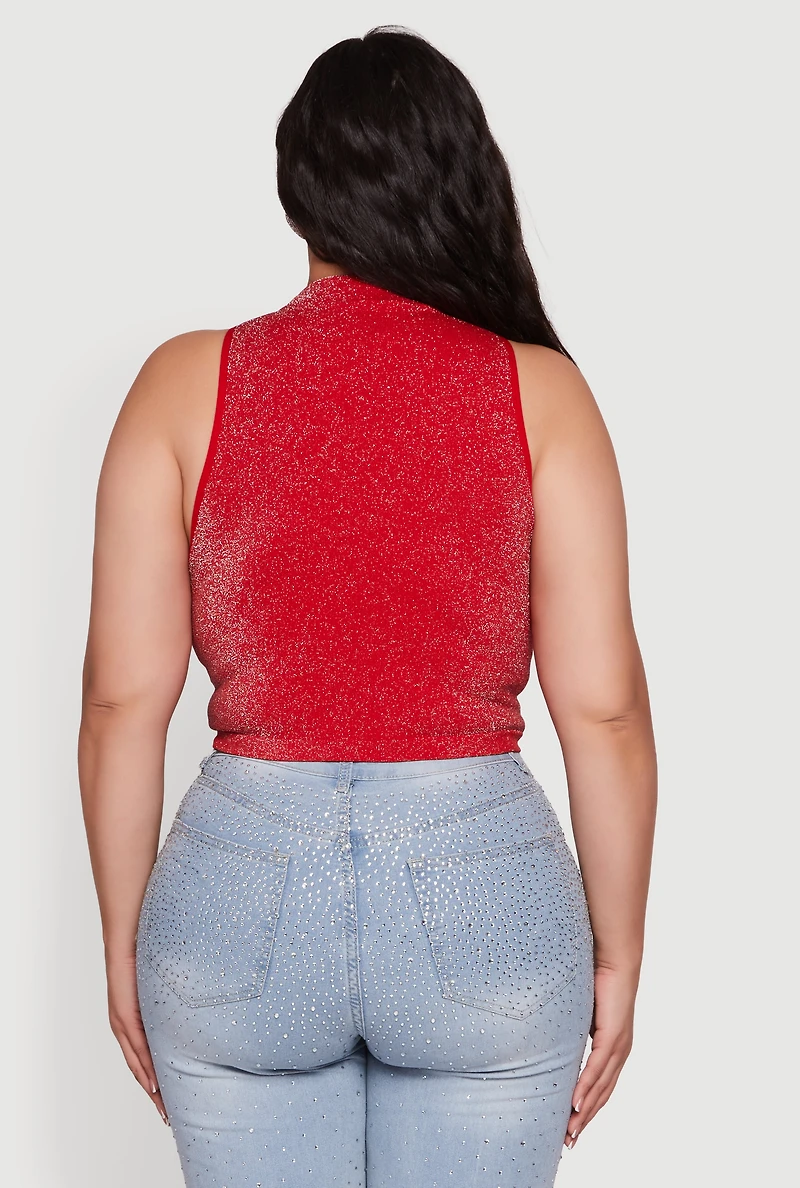 Womens Plus Size Sleeveless Lurex Mock Neck Tank Top, Red, Size 1X-2X