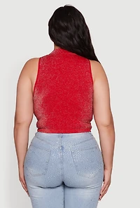 Womens Plus Size Sleeveless Lurex Mock Neck Tank Top, Red, Size 1X-2X
