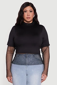 Plus Rhinestone Fishnet Keyhole Back Layered Look Top