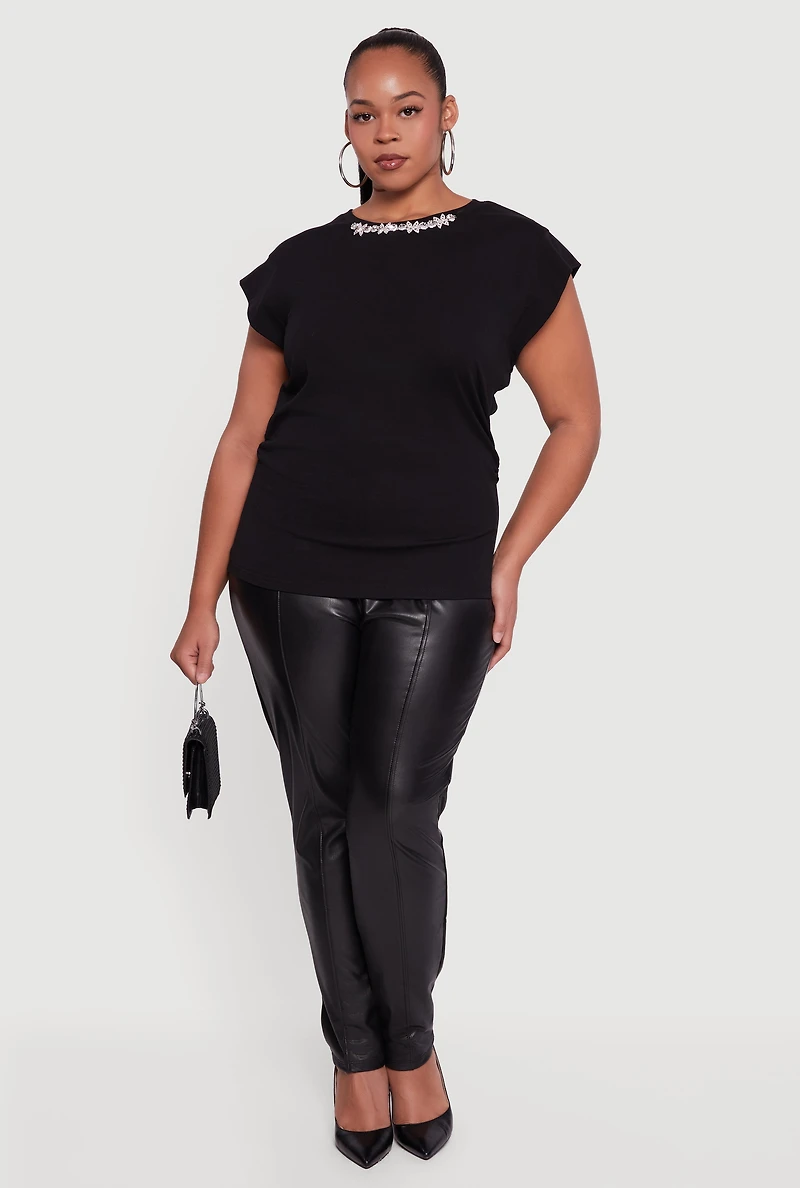 Plus Dolman Sleeve Metallic Rhinestone Trim Blouse