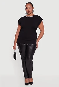 Plus Dolman Sleeve Metallic Rhinestone Trim Blouse