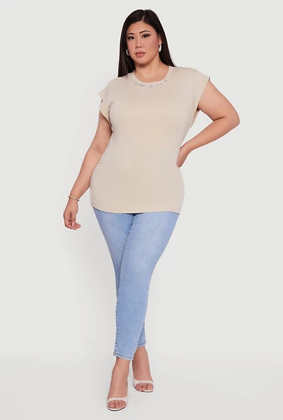 Womens Plus Dolman Sleeve Metallic Rhinestone Trim Blouse,