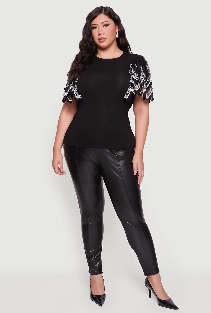 Womens Plus Size Floral Lace Flounce Sleeve Blouse, Black, Size 3X