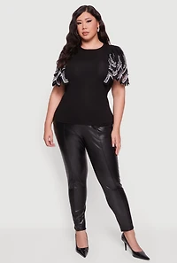 Womens Plus Size Floral Lace Flounce Sleeve Blouse, Black, Size 3X