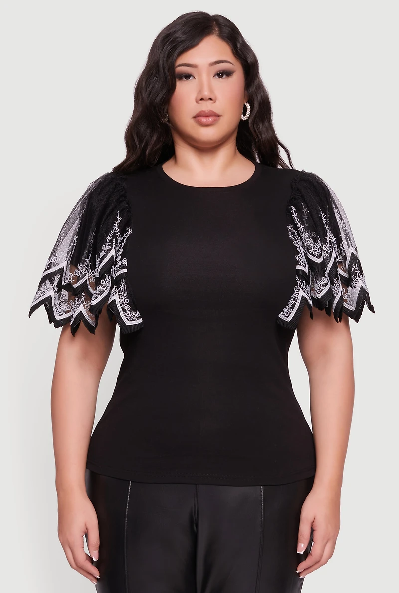 Womens Plus Size Floral Lace Flounce Sleeve Blouse, Black, Size 3X
