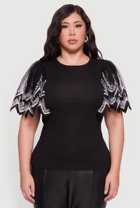 Womens Plus Size Floral Lace Flounce Sleeve Blouse, Black, Size 3X