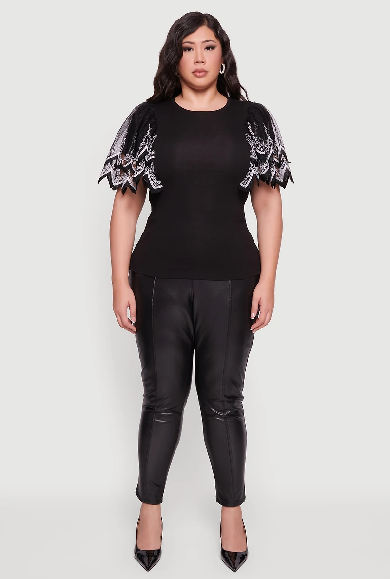 Womens Plus Size Floral Lace Flounce Sleeve Blouse, Black, Size 3X