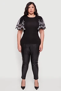 Womens Plus Size Floral Lace Flounce Sleeve Blouse, Black, Size 3X