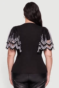 Womens Plus Size Floral Lace Flounce Sleeve Blouse, Black, Size 3X