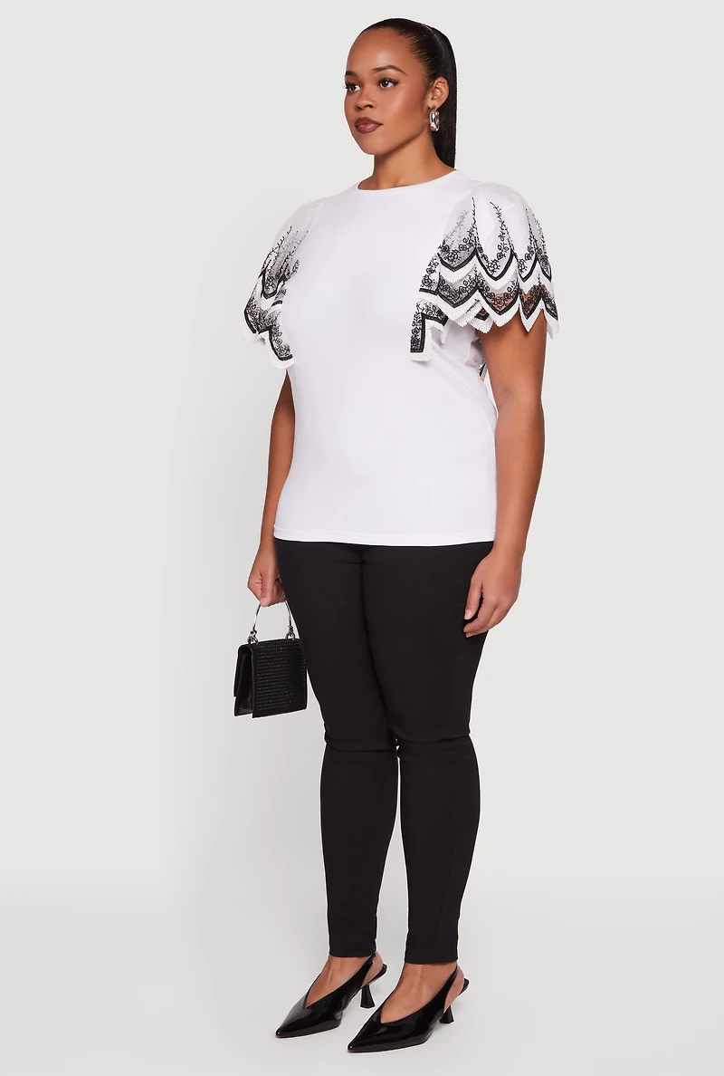 Plus Floral Lace Flounce Sleeve Blouse