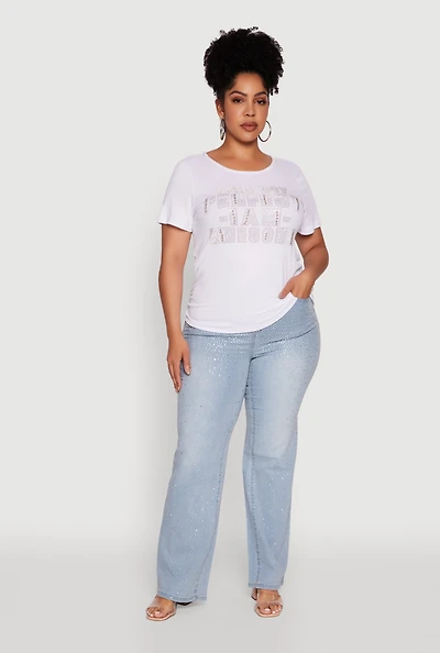 Womens Plus Size Ribbed Knit I Am Awesome Graphic Tee, White, Size 3X