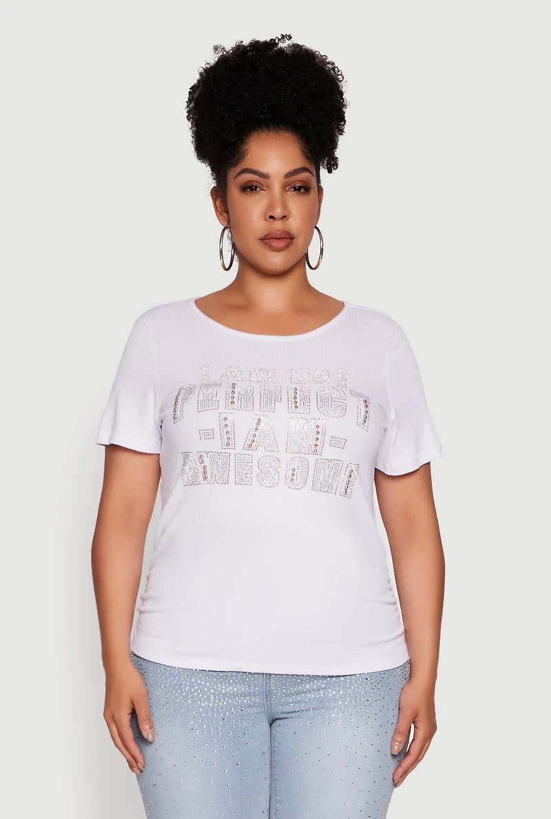 Womens Plus Ribbed Knit I Am Awesome Graphic Tee, White,