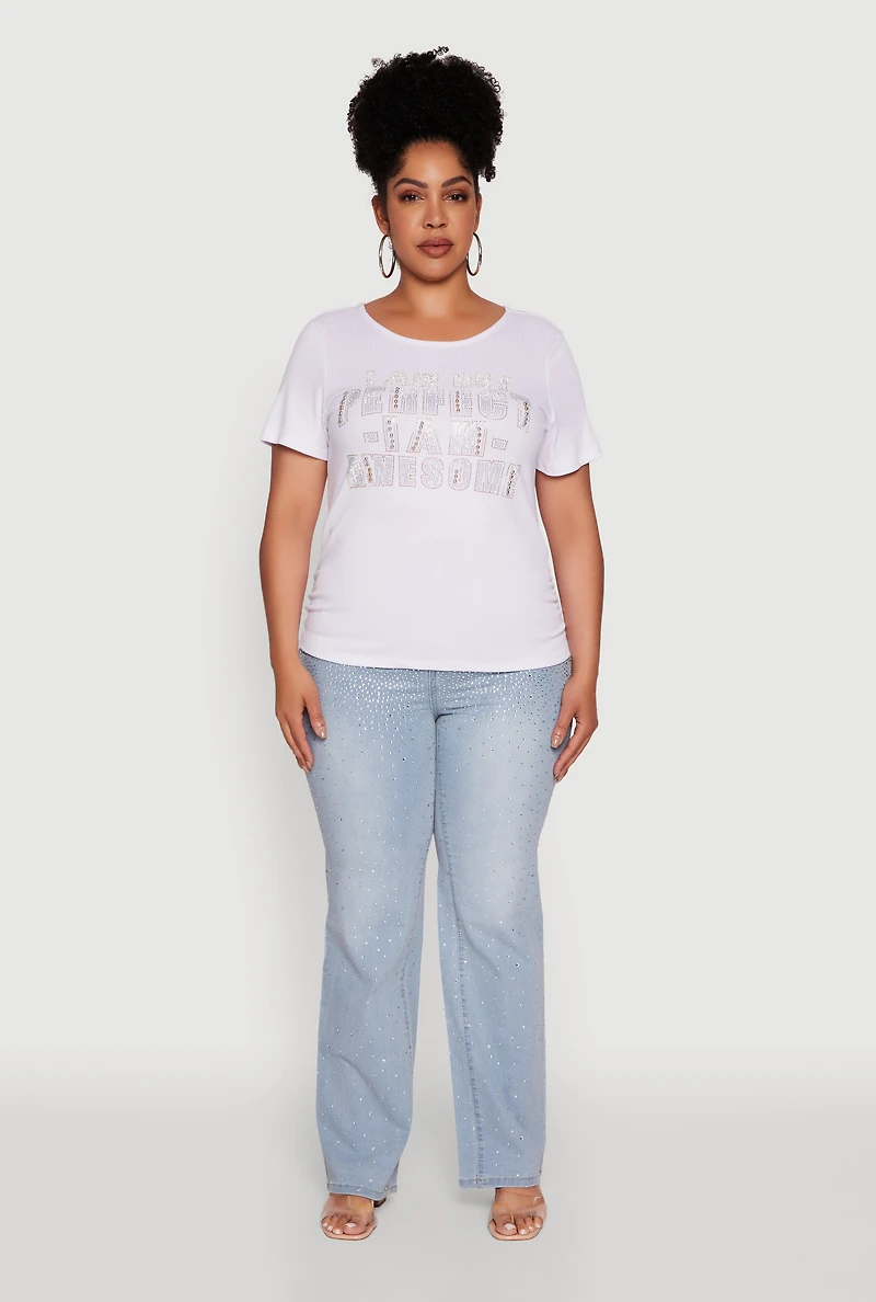Womens Plus Size Ribbed Knit I Am Awesome Graphic Tee, White, Size 1X