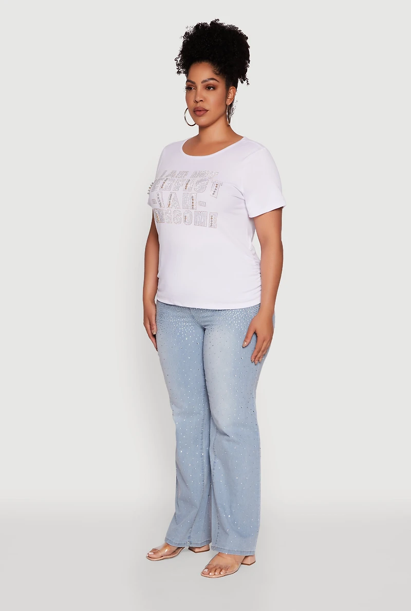 Womens Plus Size Ribbed Knit I Am Awesome Graphic Tee, White, Size 1X