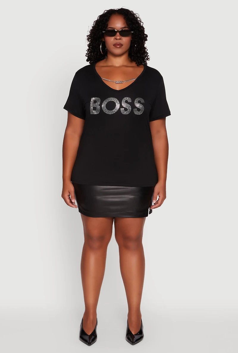 Womens Plus Size Chain Detail Rhinestone Boss Top, Black, Size 1X