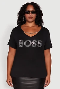 Womens Plus Size Chain Detail Rhinestone Boss Top, Black, Size 1X