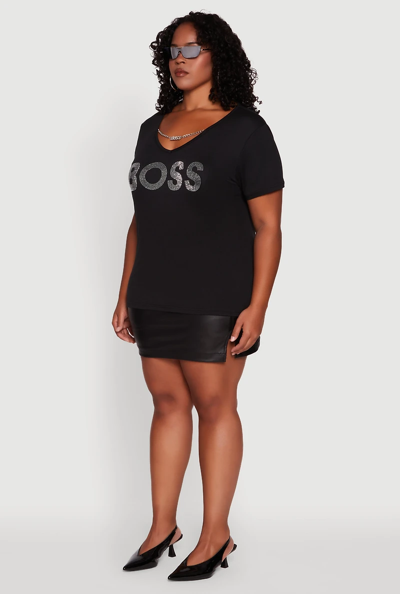 Womens Plus Size Chain Detail Rhinestone Boss Top, Black, Size 2X