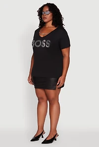 Womens Plus Size Chain Detail Rhinestone Boss Top, Black, Size 2X