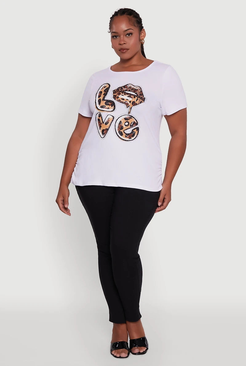 Womens Plus Ribbed Knit Animal Print Detail Love Graphic Tee, White,