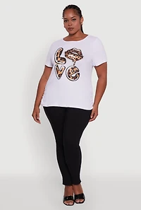 Womens Plus Ribbed Knit Animal Print Detail Love Graphic Tee, White,