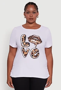 Womens Plus Ribbed Knit Animal Print Detail Love Graphic Tee, White,