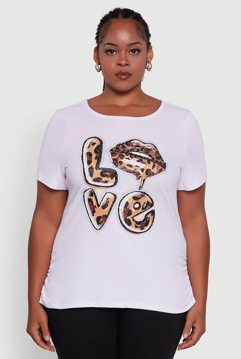 Womens Plus Size Ribbed Knit Animal Print Detail Love Graphic Tee, White, Size 2X