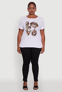 Womens Plus Ribbed Knit Animal Print Detail Love Graphic Tee, White,