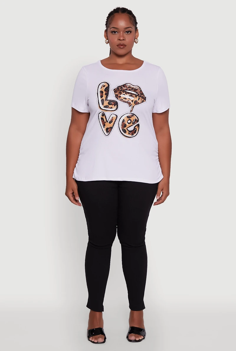 Womens Plus Size Ribbed Knit Animal Print Detail Love Graphic Tee, White, Size 2X