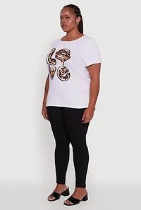 Womens Plus Ribbed Knit Animal Print Detail Love Graphic Tee, White,