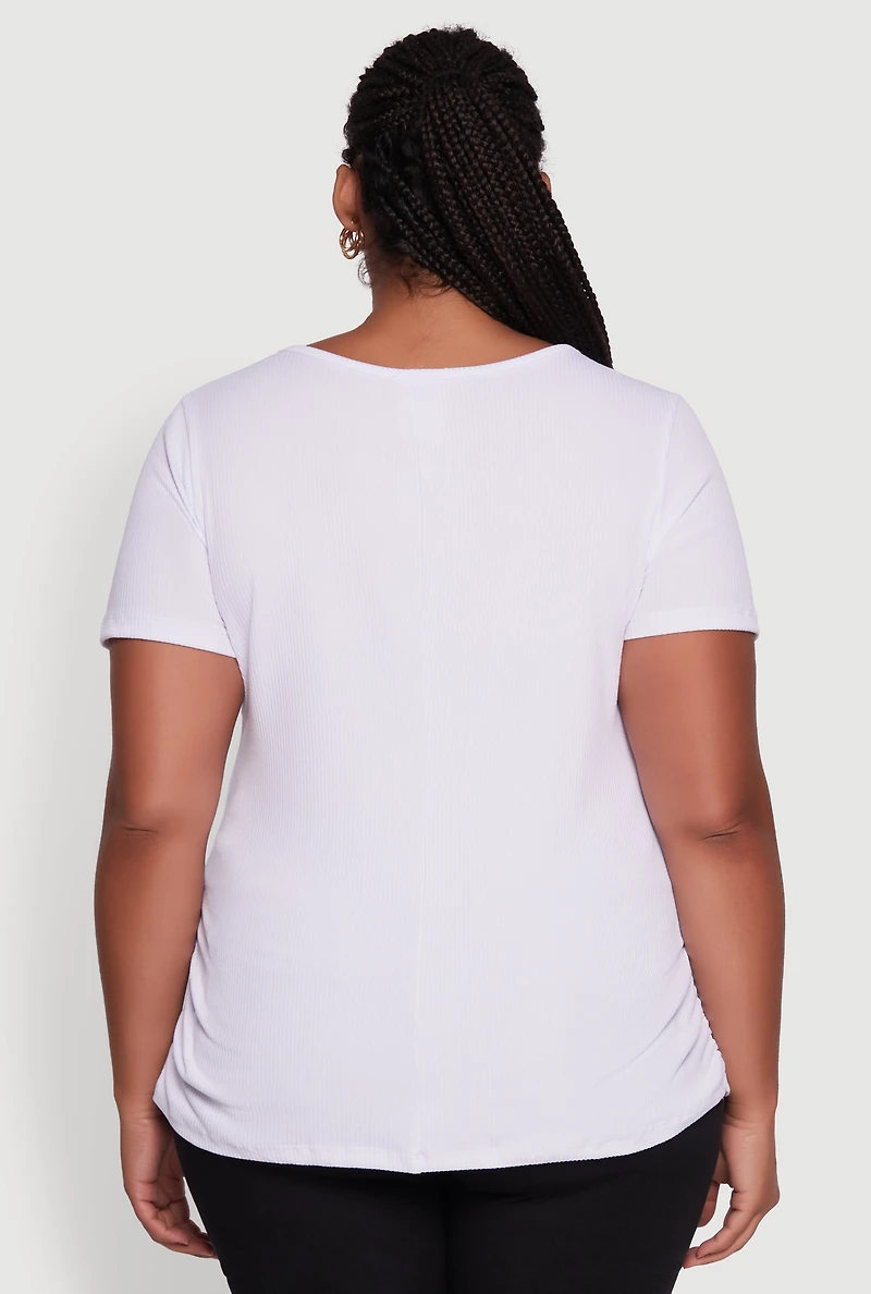 Womens Plus Size Ribbed Knit Animal Print Detail Love Graphic Tee, White, Size 2X